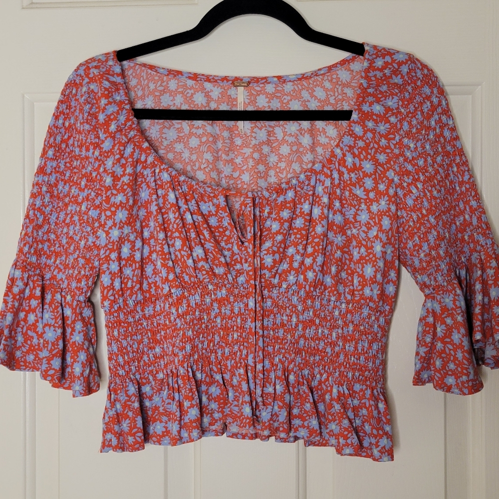 Free People Red and Blue Cottagecore Crop Top - Picture 3 of 7